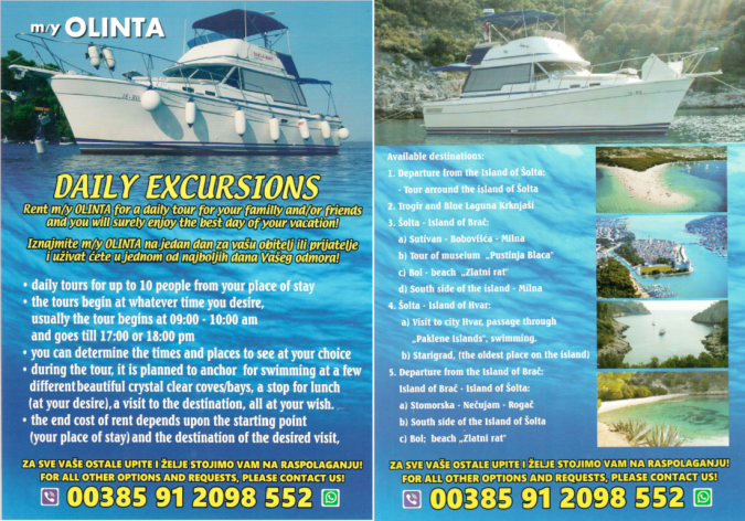 BOAT TRIPS - M/Y OLINTA, Villa Giove, Solta, with heated pool, near the sea Grohote